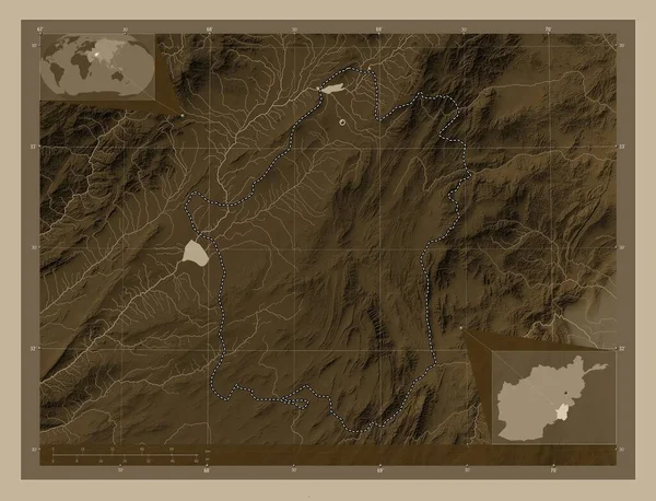 Paktika, province of Afghanistan. Elevation map colored in sepia tones with lakes and rivers. Corner auxiliary location maps