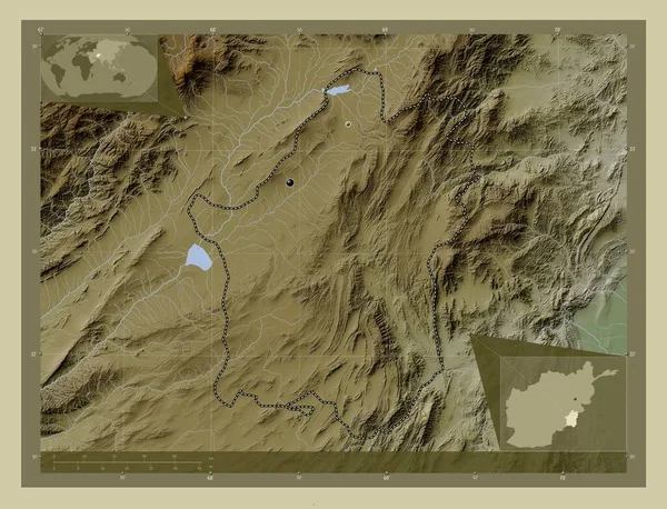 Paktika, province of Afghanistan. Elevation map colored in wiki style with lakes and rivers. Locations of major cities of the region. Corner auxiliary location maps