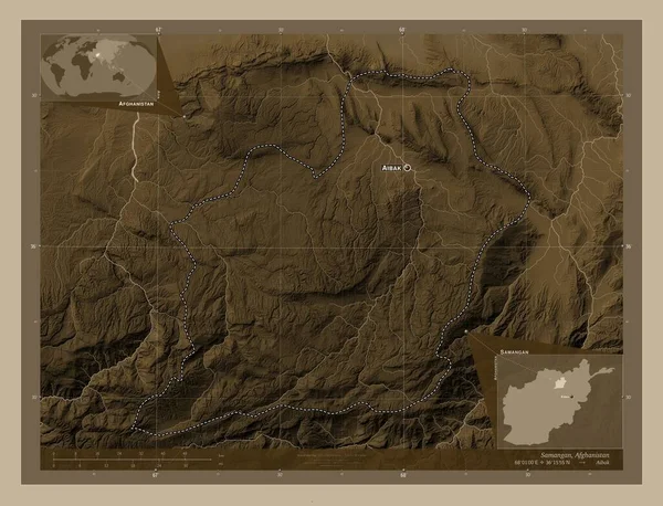 Samangan, province of Afghanistan. Elevation map colored in sepia tones with lakes and rivers. Locations and names of major cities of the region. Corner auxiliary location maps