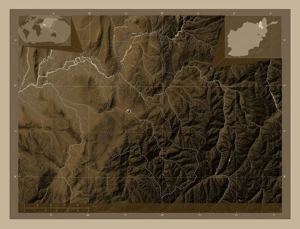 Takhar, province of Afghanistan. Elevation map colored in sepia tones with lakes and rivers. Corner auxiliary location maps