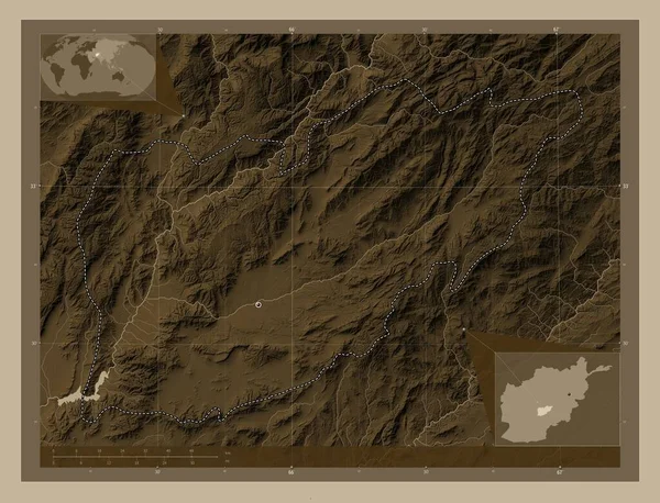 Uruzgan, province of Afghanistan. Elevation map colored in sepia tones with lakes and rivers. Corner auxiliary location maps