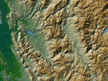 Diber, Arnavutluk Eyaleti. Gölleri ve nehirleri olan renkli yükseklik haritası