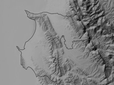 Durres, Arnavutluk Eyaleti. Gölleri ve nehirleri olan gri tonlama yükseklik haritası