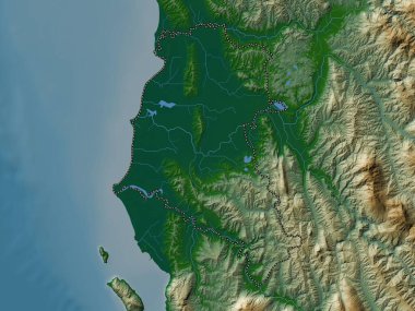 Fier, Arnavutluk Bölgesi. Gölleri ve nehirleri olan renkli yükseklik haritası