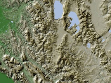 Arnavutluk 'un Korce ilçesi. Yükseklik haritası göller ve nehirlerle wiki stilinde renklendirilmiştir