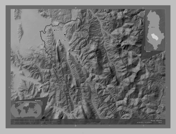 Berat Provincie Albanië Grayscale Hoogte Kaart Met Meren Rivieren Locaties — Stockfoto