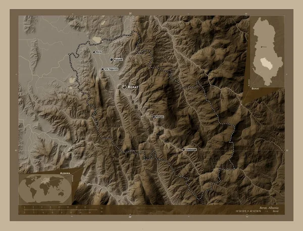 Berat Condado Albania Mapa Elevación Coloreado Tonos Sepia Con Lagos —  Fotos de Stock