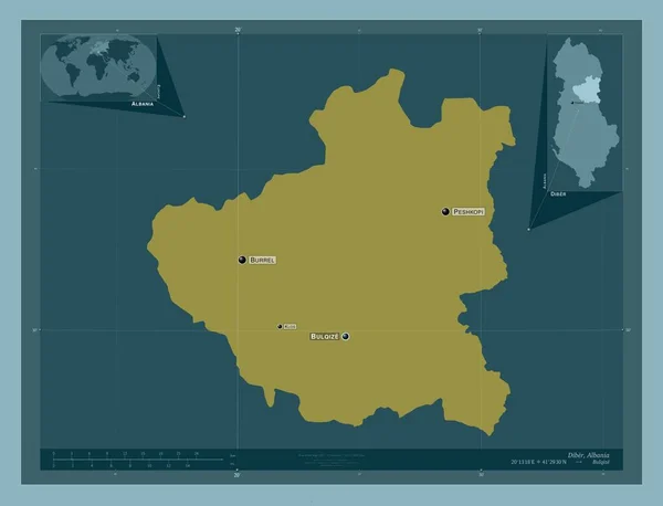 アルバニアの郡ディバー しっかりした色の形 地域の主要都市の位置と名前 コーナー補助位置図 — ストック写真
