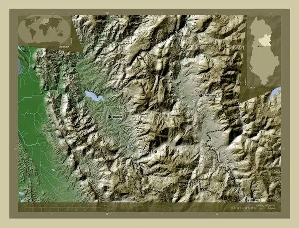 アルバニアの郡ディバー 湖や川とWikiスタイルで着色された標高マップ 地域の主要都市の位置と名前 コーナー補助位置図 — ストック写真