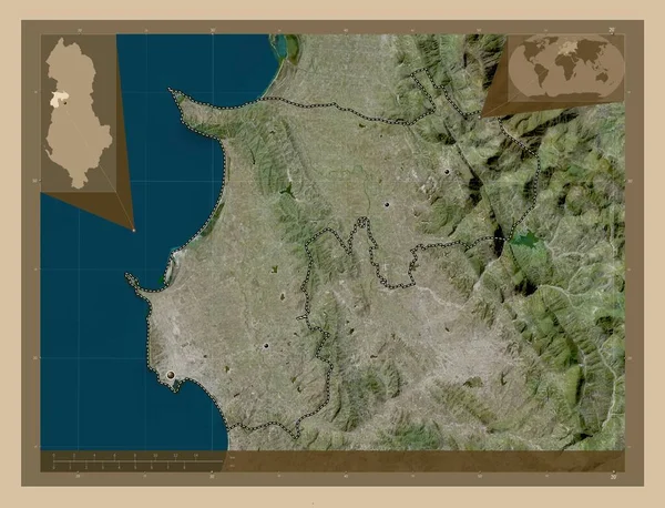 德雷斯 阿尔巴尼亚县 低分辨率卫星地图 该区域主要城市的所在地点 角辅助位置图 — 图库照片