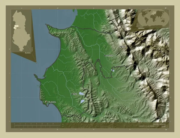 德雷斯 阿尔巴尼亚县 用Wiki风格绘制的带有湖泊和河流的高程地图 该区域主要城市的地点和名称 角辅助位置图 — 图库照片