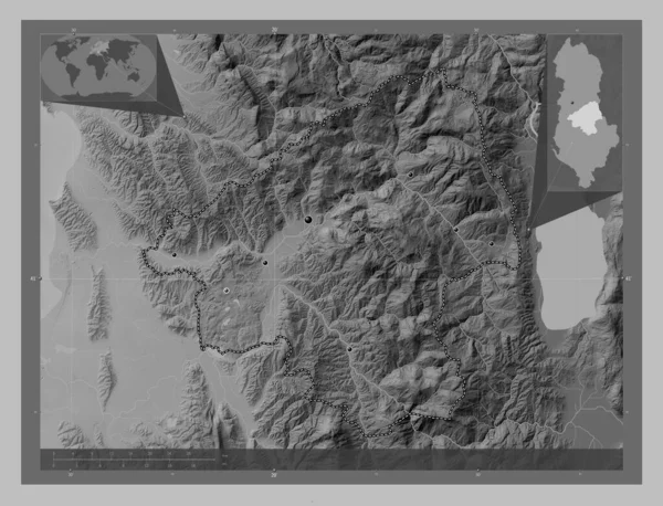 Elbasan County Albania Grayscale Elevation Map Lakes Rivers Locations Major — Stock Photo, Image