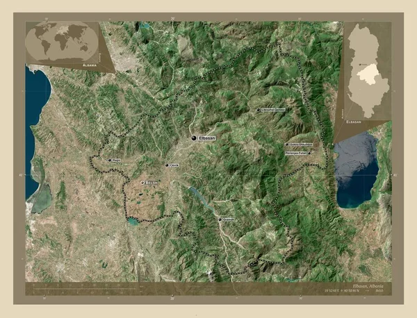 爱尔巴桑 阿尔巴尼亚县 高分辨率卫星地图 该区域主要城市的地点和名称 角辅助位置图 — 图库照片