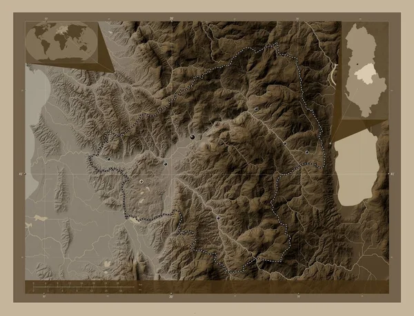 Elbasan Okręg Albanii Mapa Elewacji Kolorowe Sepia Dźwięki Jeziorami Rzekami — Zdjęcie stockowe