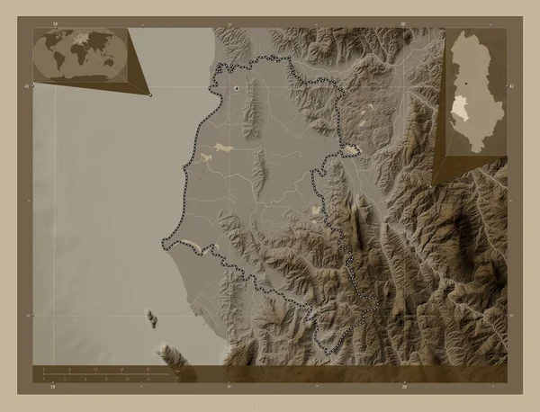 Fier County Albania Elevation Map Colored Sepia Tones Lakes Rivers — Stock Photo, Image