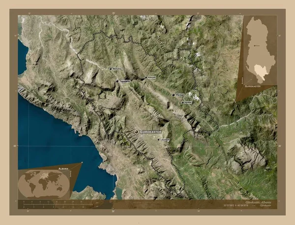Gjirokaster 阿尔巴尼亚县 低分辨率卫星地图 该区域主要城市的地点和名称 角辅助位置图 — 图库照片