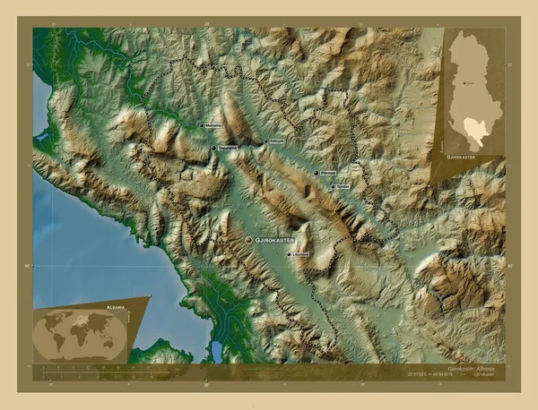 Gjirokaster Okres Albánie Barevná Mapa Jezery Řekami Umístění Názvy Velkých — Stock fotografie