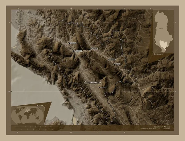 Τζιροκάστερ Επαρχία Αλβανίας Υψόμετρο Χάρτη Χρωματισμένο Τόνους Σέπια Λίμνες Και — Φωτογραφία Αρχείου