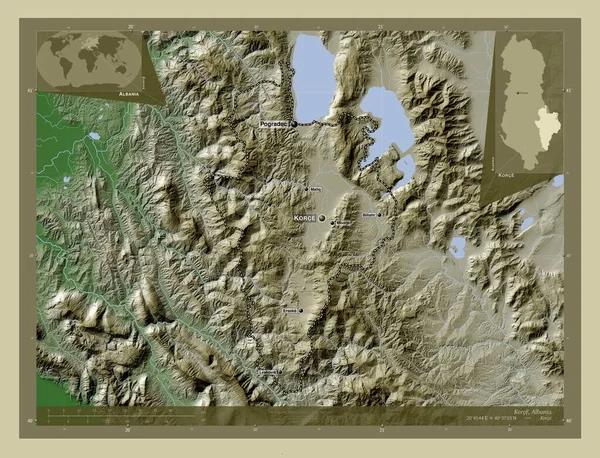 Korce Okręg Albanii Mapa Wzniesień Kolorowa Stylu Wiki Jeziorami Rzekami — Zdjęcie stockowe