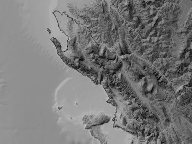 Vlore, Arnavutluk Eyaleti. Gölleri ve nehirleri olan gri tonlama yükseklik haritası