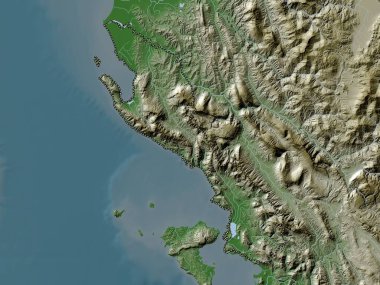 Vlore, Arnavutluk Eyaleti. Yükseklik haritası göller ve nehirlerle wiki stilinde renklendirilmiştir