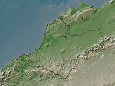 Temouchent, Cezayir vilayeti. Yükseklik haritası göller ve nehirlerle wiki stilinde renklendirilmiştir