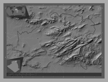 Batna, Cezayir vilayeti. Göllü ve nehirli çift katlı yükseklik haritası. Bölgenin büyük şehirlerinin yerleri. Köşedeki yedek konum haritaları