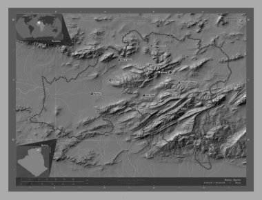 Batna, Cezayir vilayeti. Göllü ve nehirli çift katlı yükseklik haritası. Bölgenin büyük şehirlerinin yerleri ve isimleri. Köşedeki yedek konum haritaları