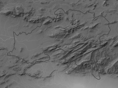 Batna, Cezayir vilayeti. Gölleri ve nehirleri olan gri tonlama yükseklik haritası