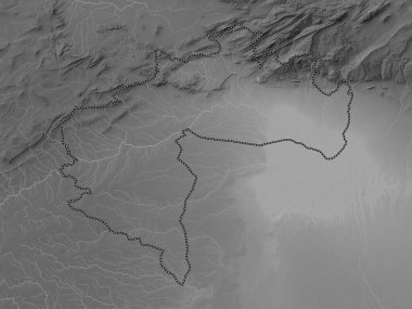 Biskra, Cezayir vilayeti. Gölleri ve nehirleri olan gri tonlama yükseklik haritası