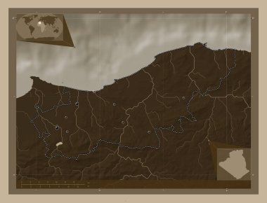 Boumerdes, Cezayir vilayeti. Yükseklik haritası sepya tonlarında göller ve nehirlerle renklendirilmiş. Bölgenin büyük şehirlerinin yerleri. Köşedeki yedek konum haritaları