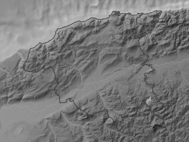 Chlef, Cezayir vilayeti. Gölleri ve nehirleri olan gri tonlama yükseklik haritası