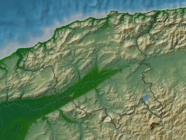 Chlef, Cezayir vilayeti. Gölleri ve nehirleri olan renkli yükseklik haritası