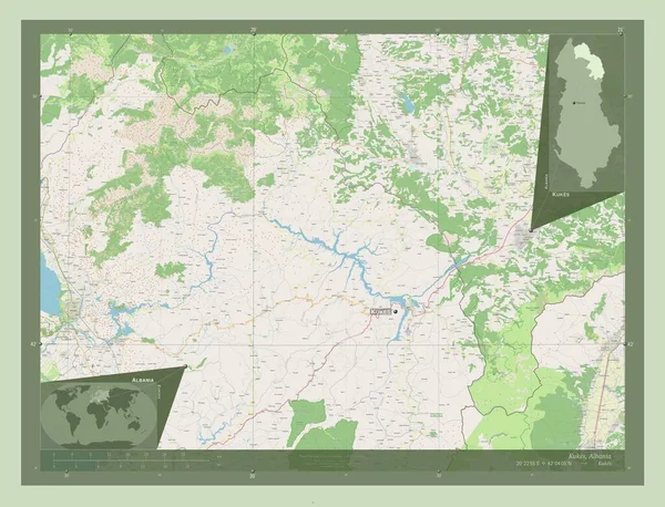 Kukes Okręg Albanii Otwórz Mapę Ulic Lokalizacje Nazwy Głównych Miast — Zdjęcie stockowe