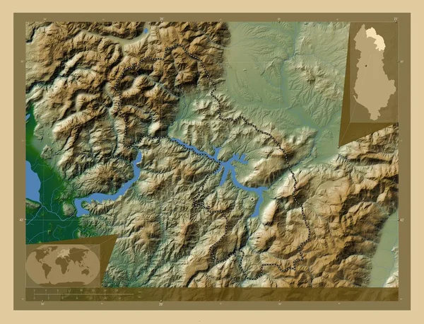Kukes Okręg Albanii Kolorowa Mapa Wzniesień Jeziorami Rzekami Pomocnicze Mapy — Zdjęcie stockowe