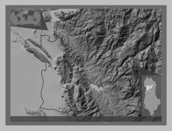 Lezhe Okręg Albanii Mapa Wzniesień Skali Szarości Jeziorami Rzekami Lokalizacje — Zdjęcie stockowe