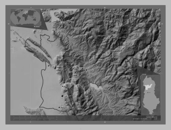 Lezhe Arnavutluk Eyaleti Gölleri Nehirleri Olan Gri Tonlama Yükseklik Haritası — Stok fotoğraf