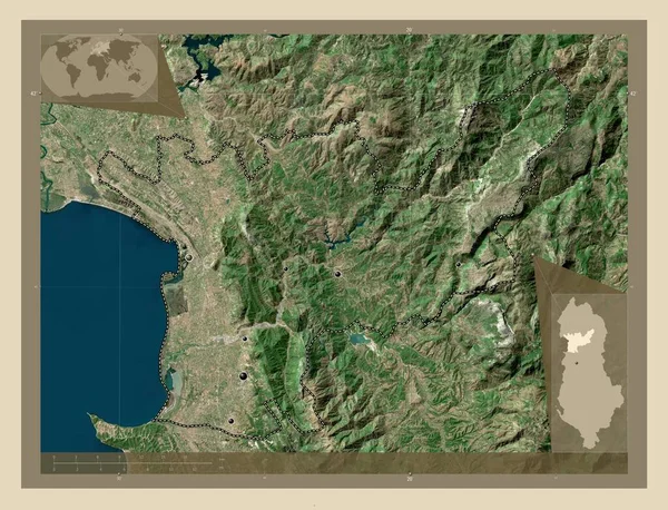 アルバニアの郡Lezhe 高解像度衛星地図 地域の主要都市の場所 コーナー補助位置図 — ストック写真