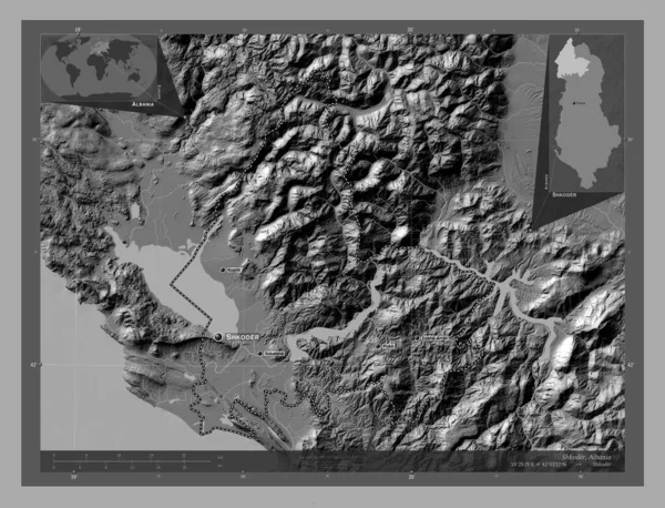 Shkoder Okres Albánie Mapa Nadmořské Výšky Jezery Řekami Umístění Názvy — Stock fotografie