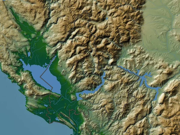 Шкодер Округ Албанії Кольорові Карти Висот Озерами Річками — стокове фото