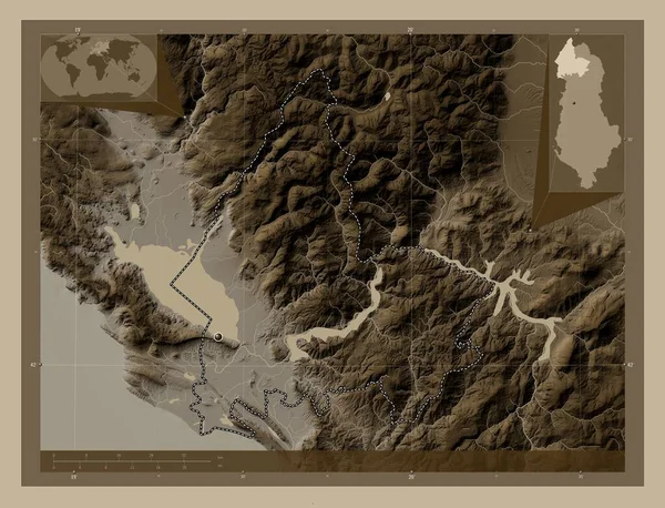 Шкодер Графство Албания Карта Высоты Окрашенная Сепиевые Тона Озерами Реками — стоковое фото