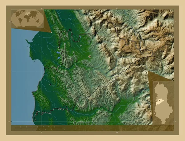 Тиран Графство Албания Цветная Карта Высоты Озерами Реками Места Расположения — стоковое фото