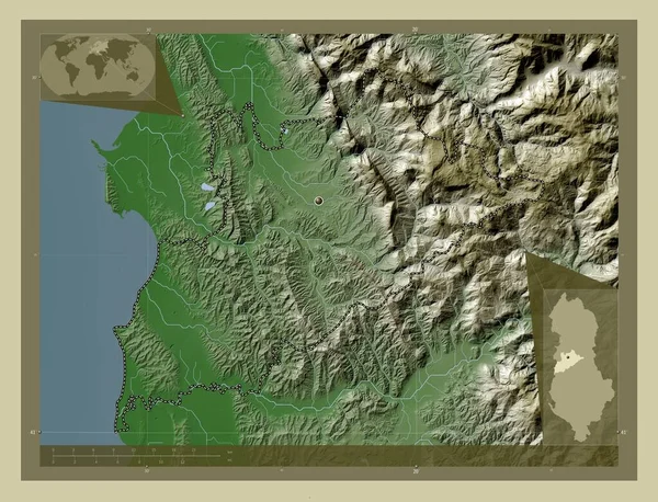 Тиран Графство Албания Карта Высоты Окрашенная Вики Стиле Озерами Реками — стоковое фото
