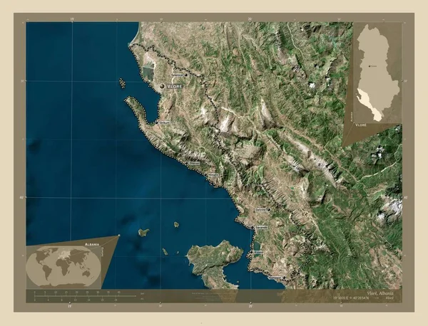 アルバニア アルバニアの郡 高解像度衛星地図 地域の主要都市の位置と名前 コーナー補助位置図 — ストック写真