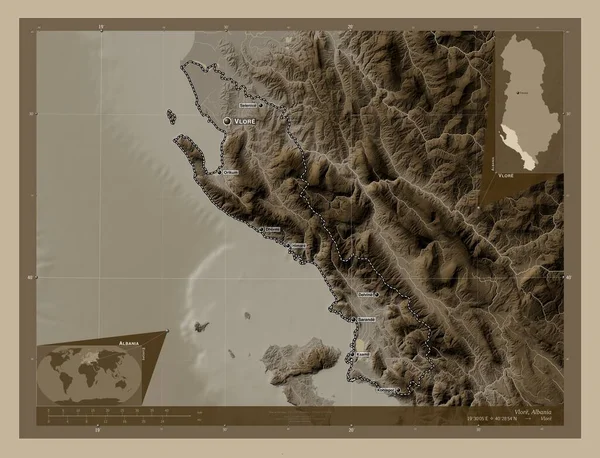 Влёр Графство Албания Карта Высоты Окрашенная Сепиевые Тона Озерами Реками — стоковое фото