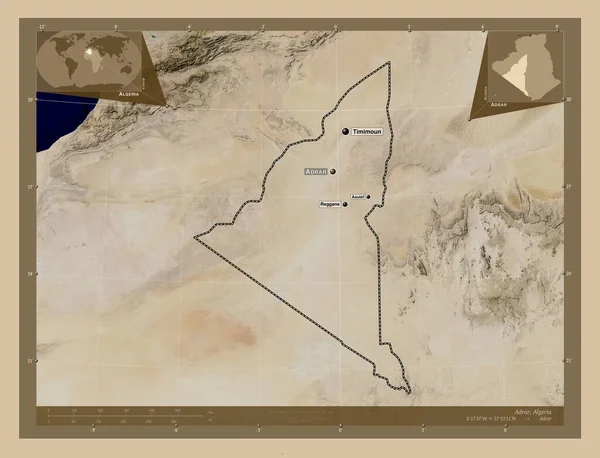 Adrar 阿尔及利亚省 低分辨率卫星地图 该区域主要城市的地点和名称 角辅助位置图 — 图库照片