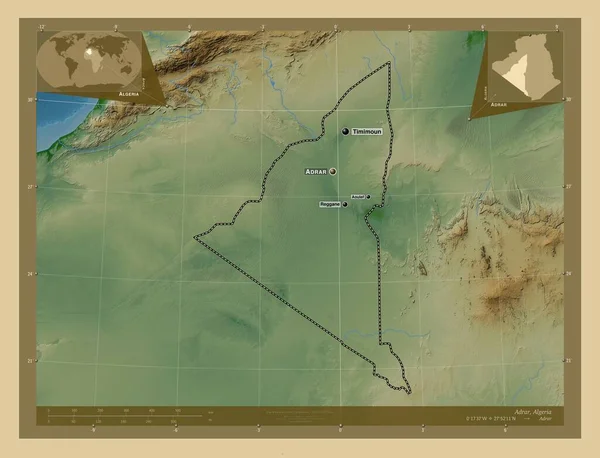 Adrar Provincia Algeria Mappa Elevazione Colorata Con Laghi Fiumi Località — Foto Stock