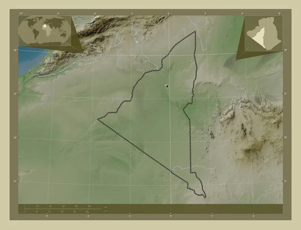Adrar 阿尔及利亚省 用Wiki风格绘制的带有湖泊和河流的高程地图 角辅助位置图 — 图库照片