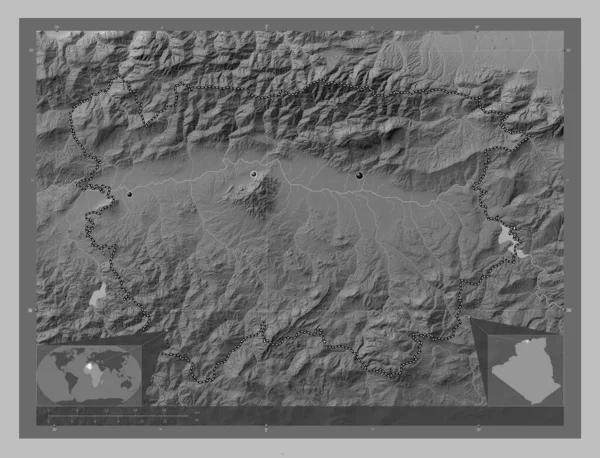 Defla Cezayir Vilayeti Gölleri Nehirleri Olan Gri Tonlama Yükseklik Haritası — Stok fotoğraf