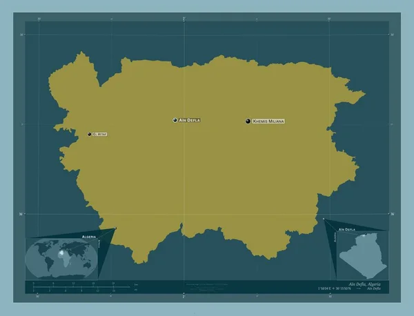 アルジェリアのAin Defla州 しっかりした色の形 地域の主要都市の位置と名前 コーナー補助位置図 — ストック写真